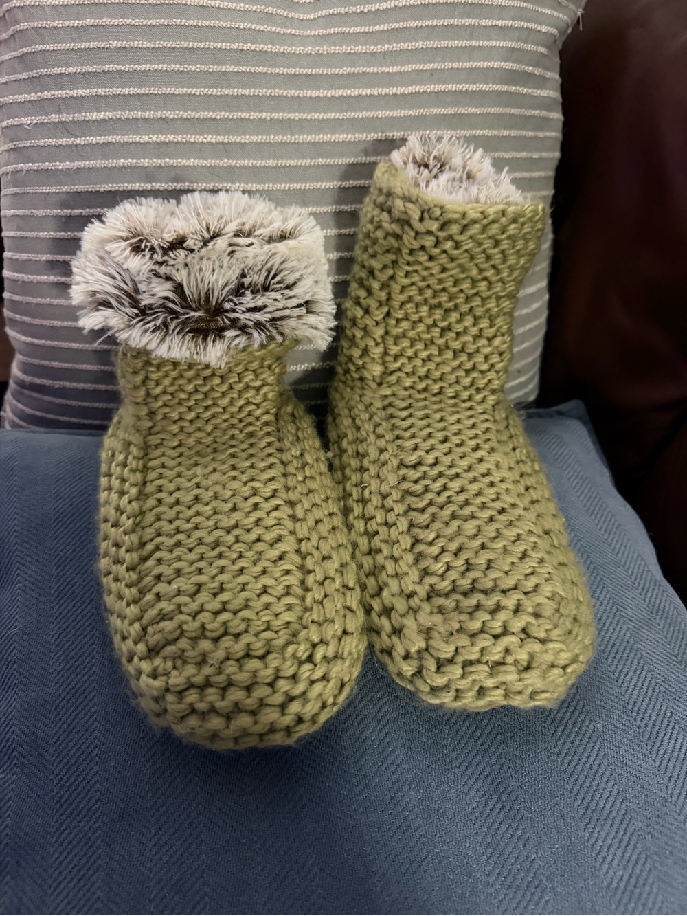 Lemon by Anthropologie Olive Knit Faux-Fur Lined Slipper Booties, Sz 6/small